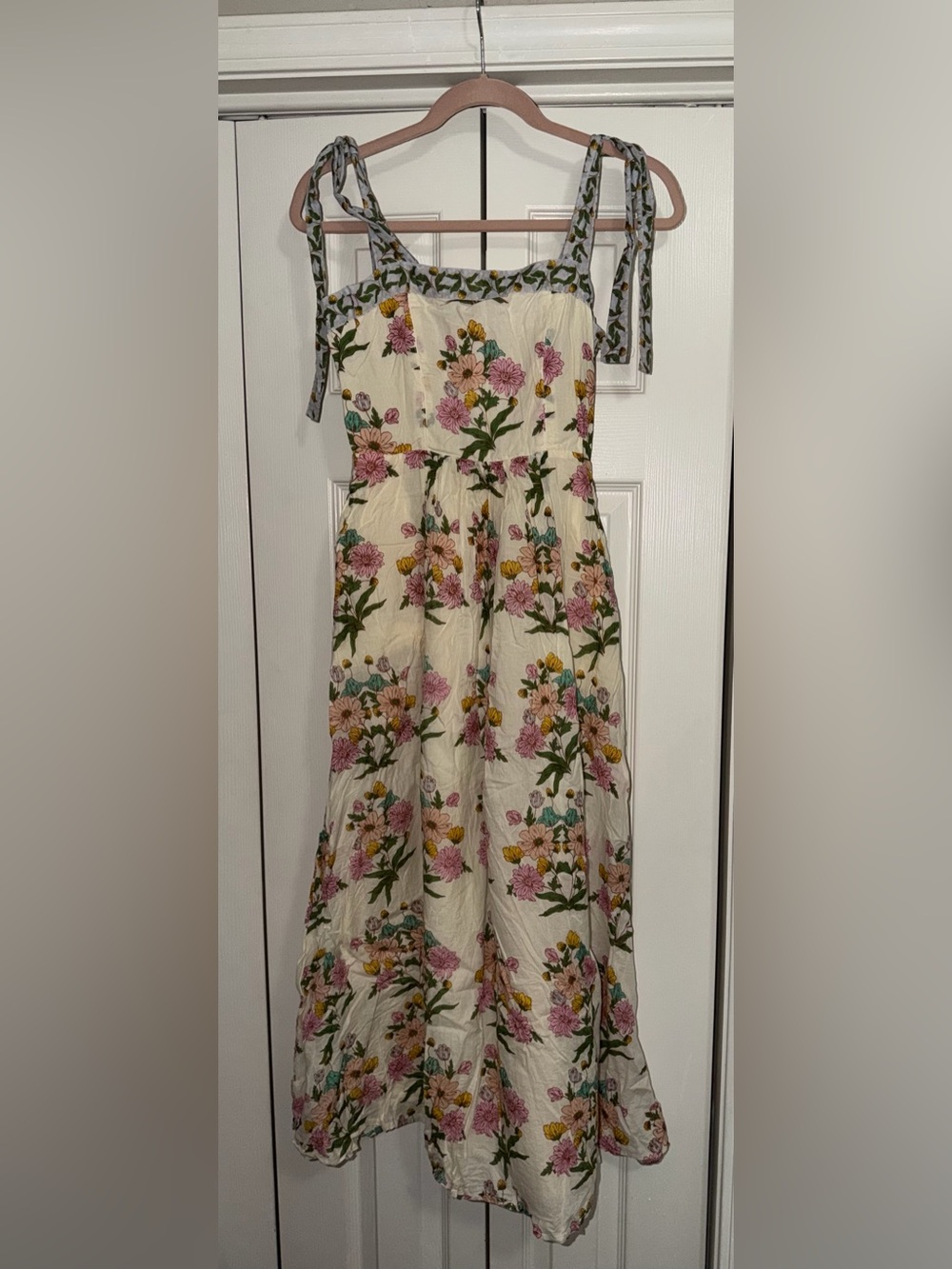 Bila Cream Floral Tie-Shoulder Midi Dress with Pink & Yellow Blooms